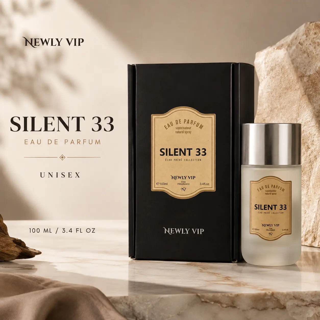 NEWLY VIP Silent 33 Unisex Eau de Parfum, Woody Leather Scent with Sandalwood, Cedarwood, Cardamom & Musk, Minimalist Signature Fragrance, 100ml