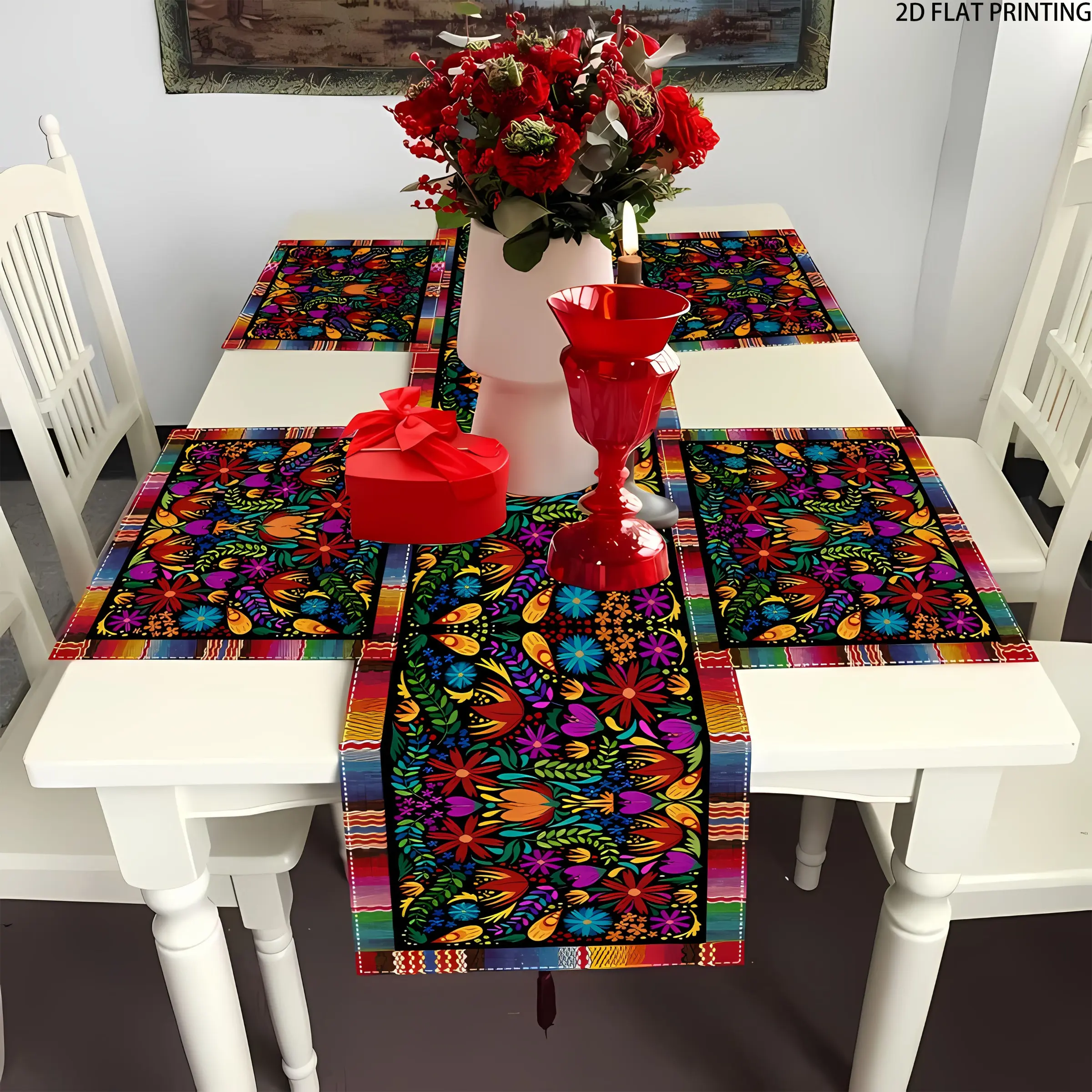 2D flat printing, 1 piece/4 pieces/6 pieces/5 pieces set/7 pieces set, Mexican May 5th Festival table flag and placemat set, Day of the Dead pattern, suitable for party and table decoration, Kitchen Coasters, Drink Coasters