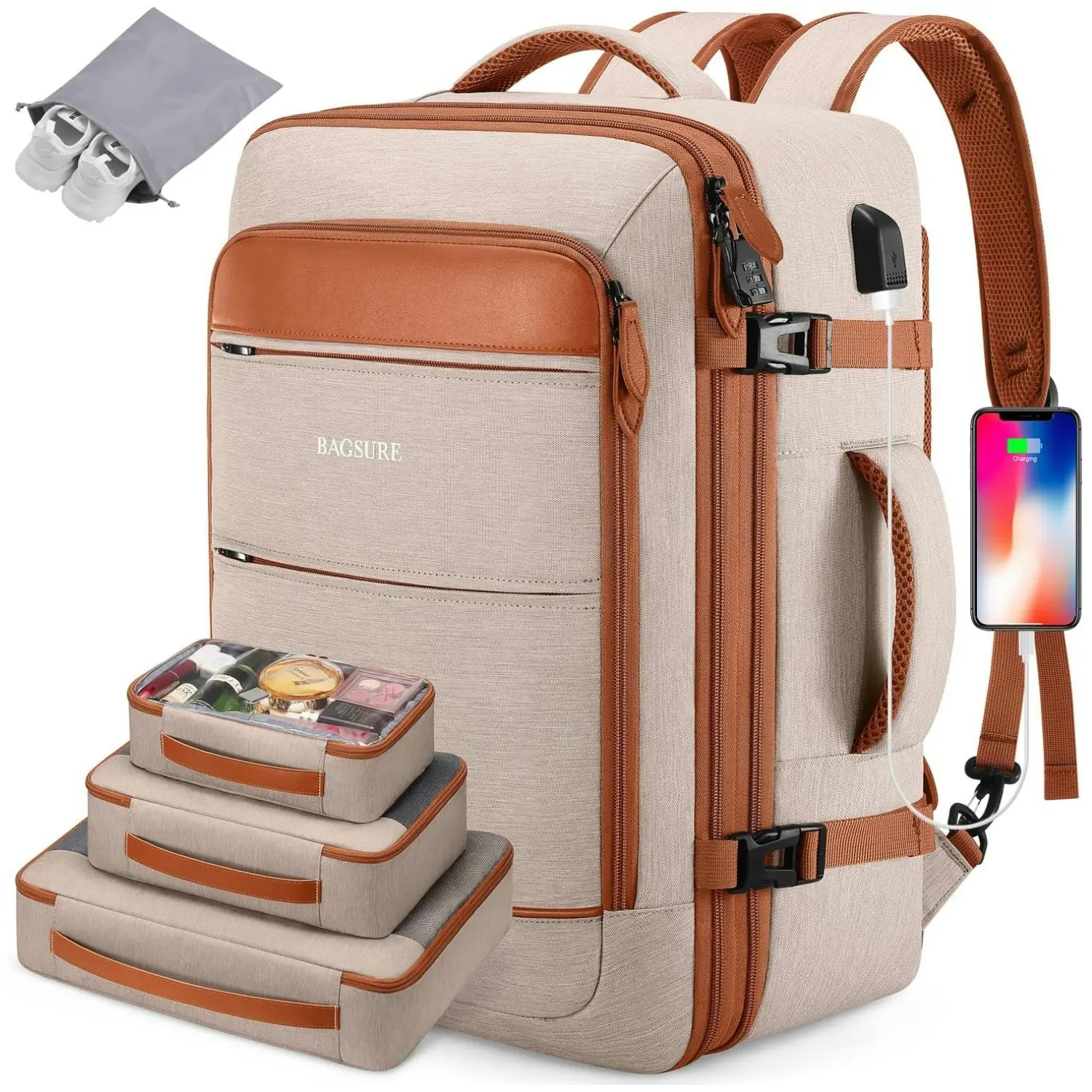 Bagsure 42L Travel Backpack, Hidden Straps, 3 Packing Cubes, Laptop Compartment, TSA-Friendly, Overnight, Weekend