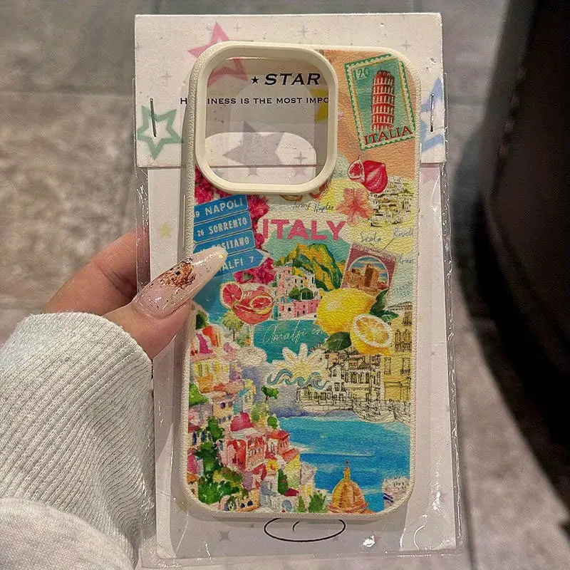 Italian-Themed Collage Pattern Smartphone Cellphone Protector Case, Plastic+TPU Minimalist Handheld Cover for iPhone 16 Pro Max/16 Plus/15 Pro Max/15/14/13 Pro/12/11, Shockproof Drop Protection Accessories