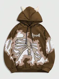 Men's Skeleton Graphic Print Hoodie, Loose Casual Comfy Fashion Long Sleeve Pullover Hooded Sweatshirt for Daily Wear, Men's Clothes for All Seasons, Tops, Halloween, Menswear