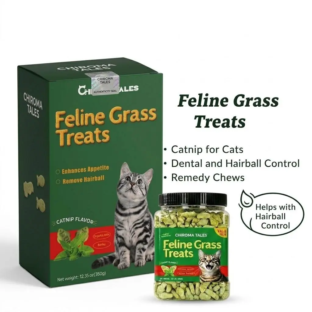 CHROMATALES Feline Grass Treats - 13.4oz Salmon Flavor Cat Snacks with Catnip, Hairball Help, Dental Support, Crunchy Text, Training Use