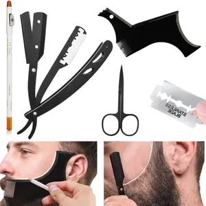 1 Set Beard Shaper Beard Straightener for Men Professional Beard Styling Kit Include Template, Straight Edge Razor, 10 Blade, Barber Pencil, Scissors Haircare Stainless Steel Heatless