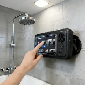 Waterproof Shower Phone Holder with Bluetooth Speaker, 360° Rotating Anti-Fog Touchscreen – Watch Videos, Listen to Music & Take Calls in Shower, Bathroom, Kitchen & Pool