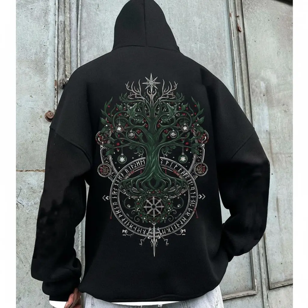 Mystic Tree of Life Hoodie for Men Women Celtic Forest Graphic Hooded Sweatshirt Ancient Rune Inspired Vintage Gothic Nature Streetwear Black Pullover Unisex Gift