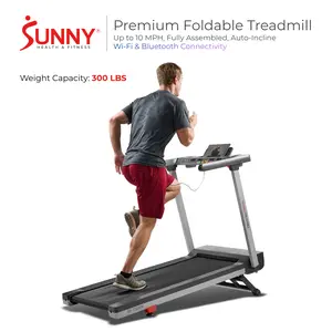 SUNNY Foldable Treadmill Fully Assembled with One Click Folding 20 Inch Wide Running Surface 300 lbs Capacity Up to 10 MPH 15 Auto Incline Levels Brushless Silent Motor Space Saving Home Gym Fitness Workout Running Machine Shock Absorption Easy Setup