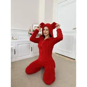 ChromaChic LEE Cozy Plush 100 Polyester Knit Rabbit Ears Hooded Onesie for Women Casual Romper with Zipper Solid Color Fall Winter Sleepwear