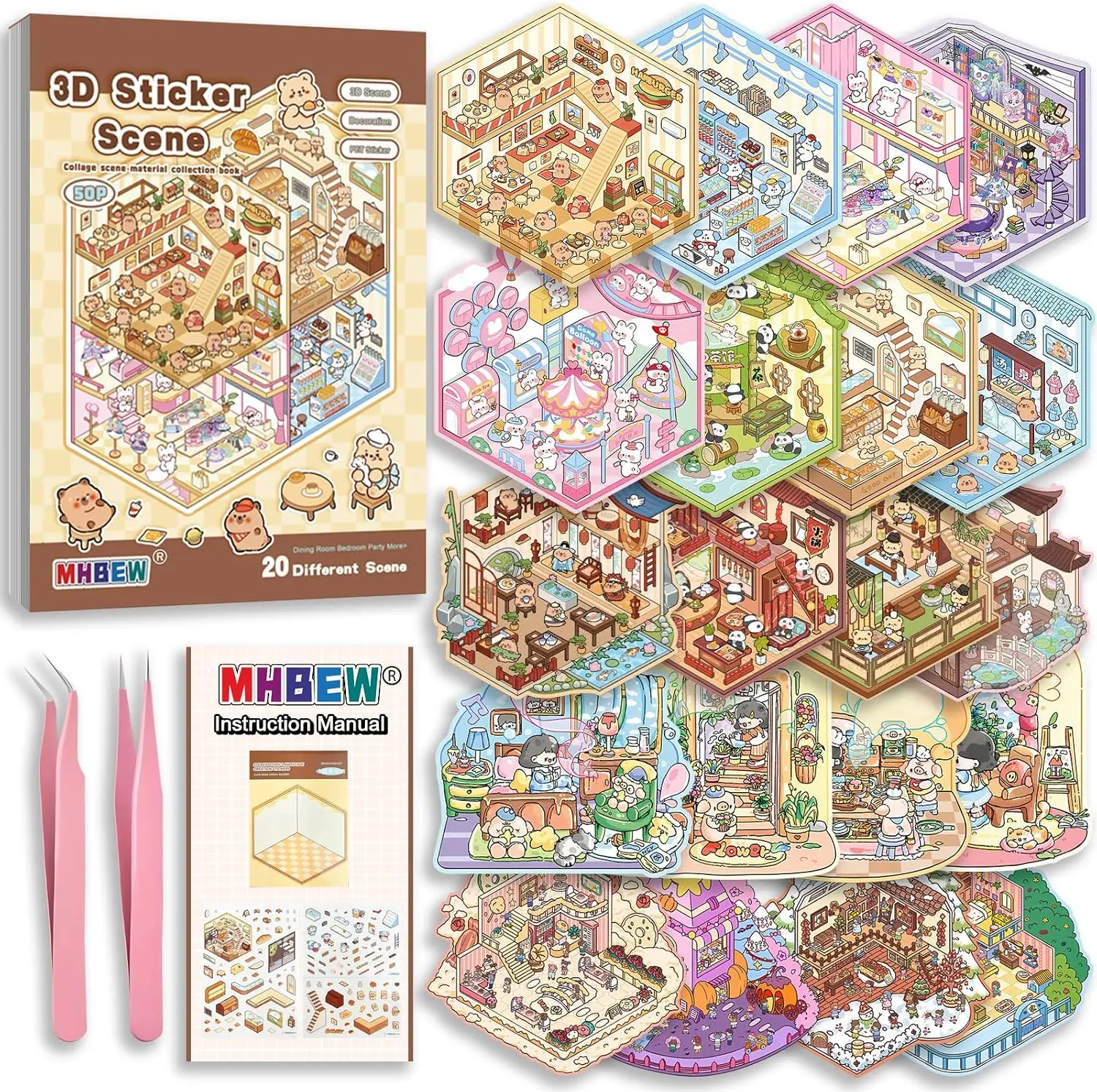 20 Sets DIY 3D Sticker Scene Collection Book for Kids Adults Cute Make Your Own Shop House Stickers for Gifts Stickers Therapy for Adult Relief Stress Pass The Time Play Park Hamburg Castle Library