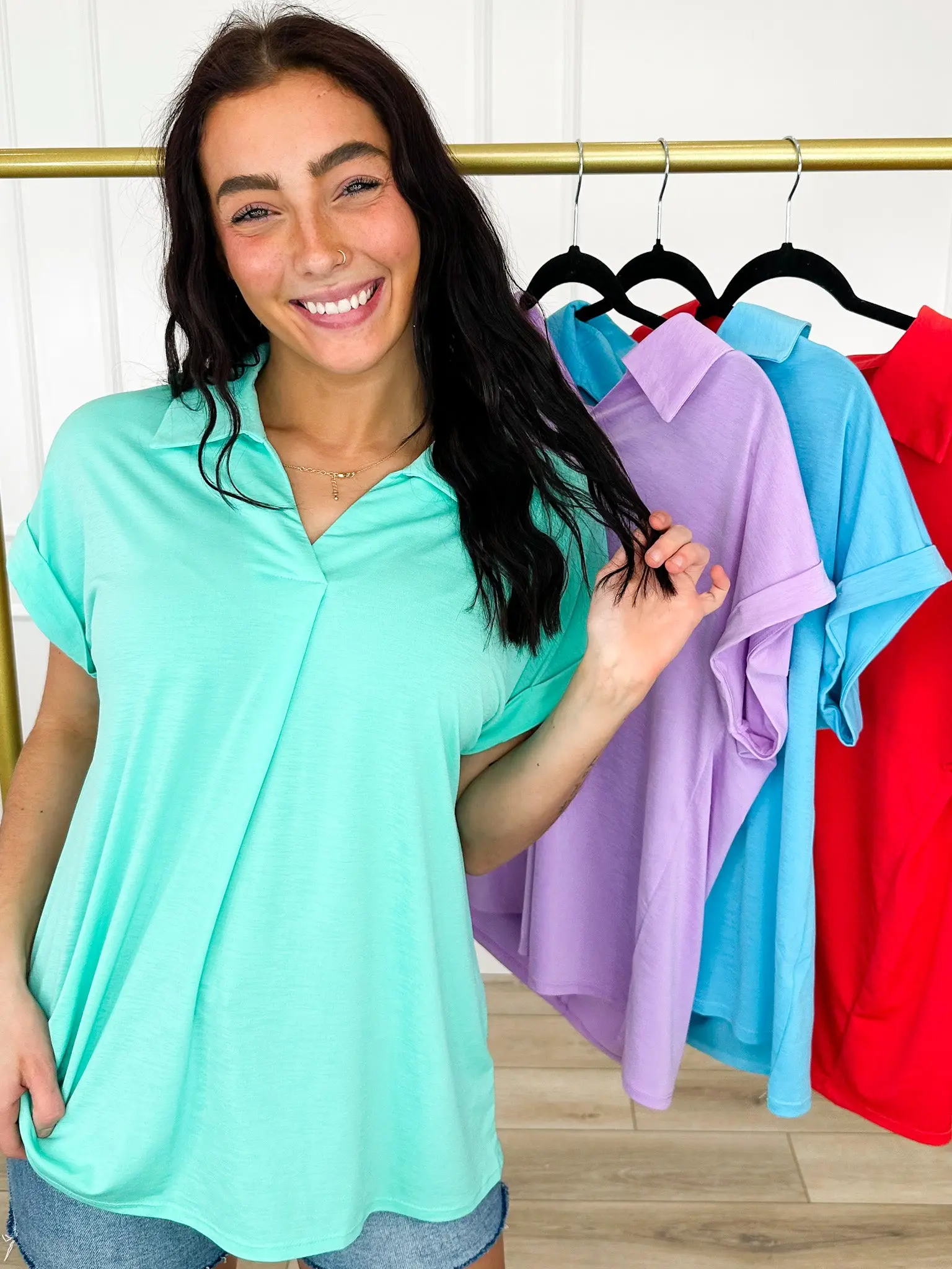 Women's Dear Scarlett Is This Forever Wrinkle-Free Stretchy Spandex Shortsleeve Blouse - Cuffed, Oversized, Casual, Chic, Everyday, Multiple Colors, Blouses