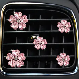 Heart-Shaped Crystal Five-Petal Flower Car Air Vent Diffuser Clip Set, Air Vent Clips, 5pcs Car Perfume Holder Aromatherapy Decor, Automotive Fragrance Accessories, Aromatic Floral