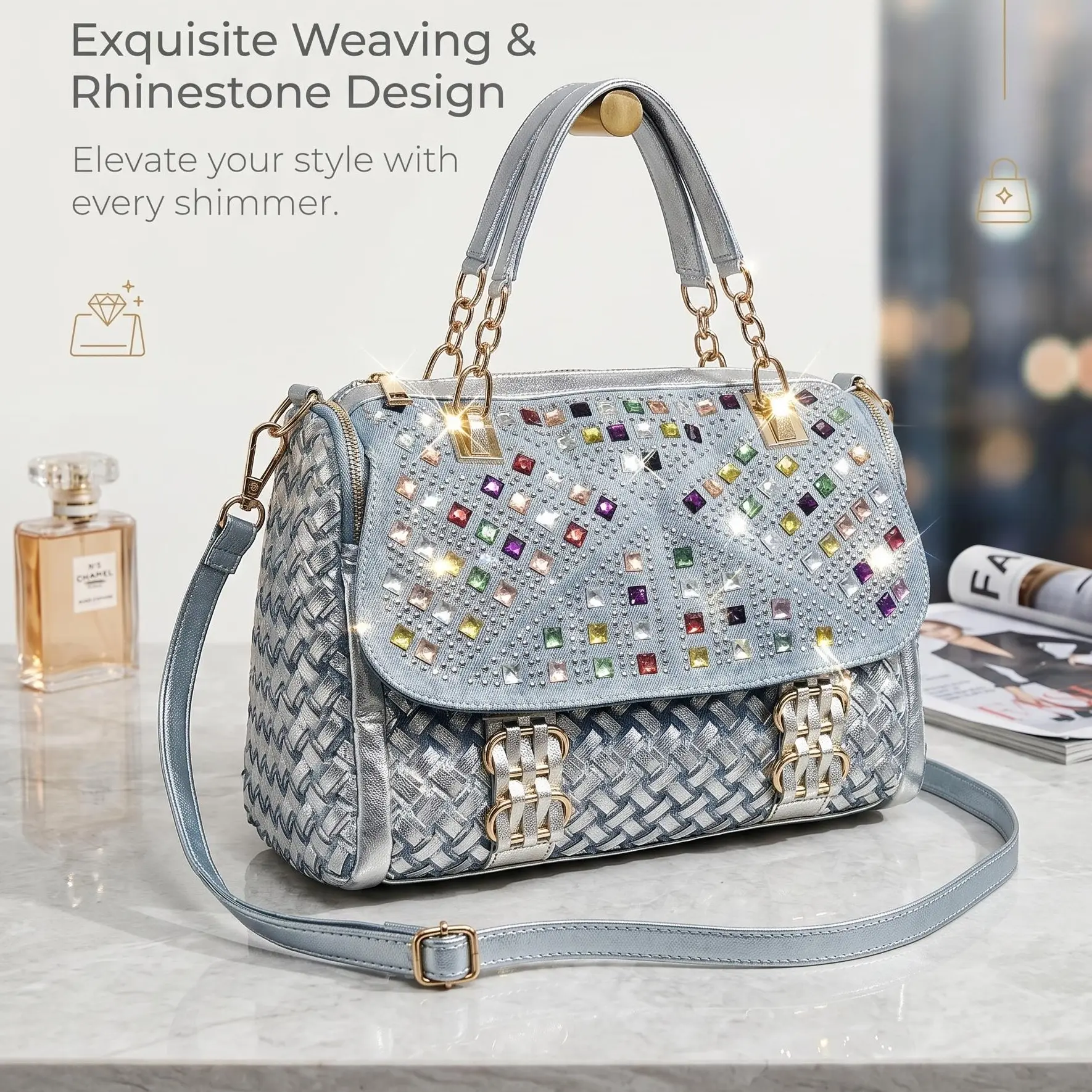Women’s Silver Rhinestone Shoulder Bag, Woven Sparkly Top Handle Purse, Y2K Crossbody Bag for Party & Night Out