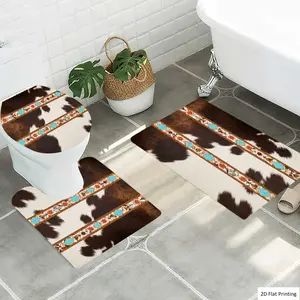 1/3Pcs Southwestern Cowhide Rug with Bands Bathroom Mat Set, Flannel Non Slip Bath Rug, Toilet U-Shape Mat, Toilet Lid Cover, Thickened Soft Absorb Water, Microfiber Surface Memory Foam Cushion, Home Bathroom Ho