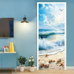 Self-Adhesive Removable Beach Scene Door Mural Sticker, Realistic Waves, Starfish, Seagulls & Seashells, Coastal Wall Art for Home Decor