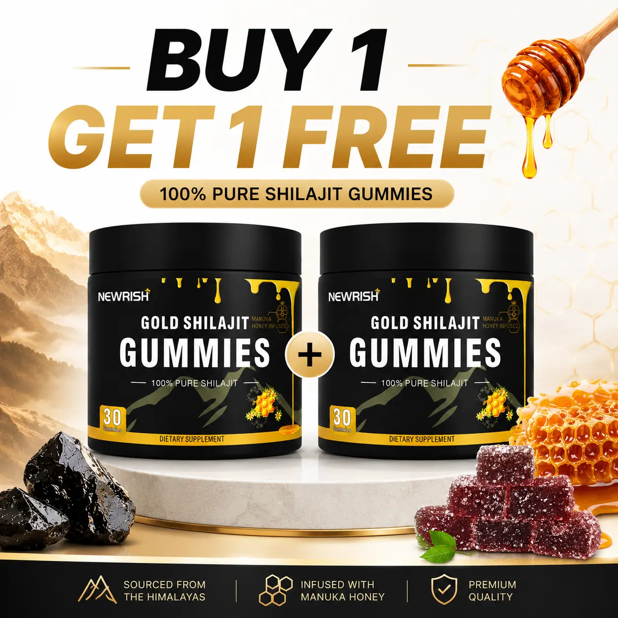 [Buy 1 Get 1 Free] Newrish Pure Shilajit Gummies-OrganicManukaHoney-Boosts Energy and Stamina-Men'sSupplement-Sports and Fitness- 100%Natural