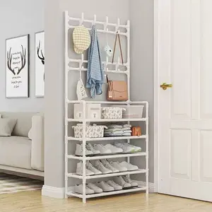 Entryway Shoe Rack with Coat Hooks, 5-Tier Space-Saving Shoe Shelf, Freestanding Metal Organizer for Hallway, Bedroom, Small Spaces