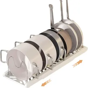 White Expandable Pot Lid Organizer Holder - 7 Adjustable Compartments, Multifunctional Storage Shelf, Cabinet Rack for Efficient Kitchen Organization