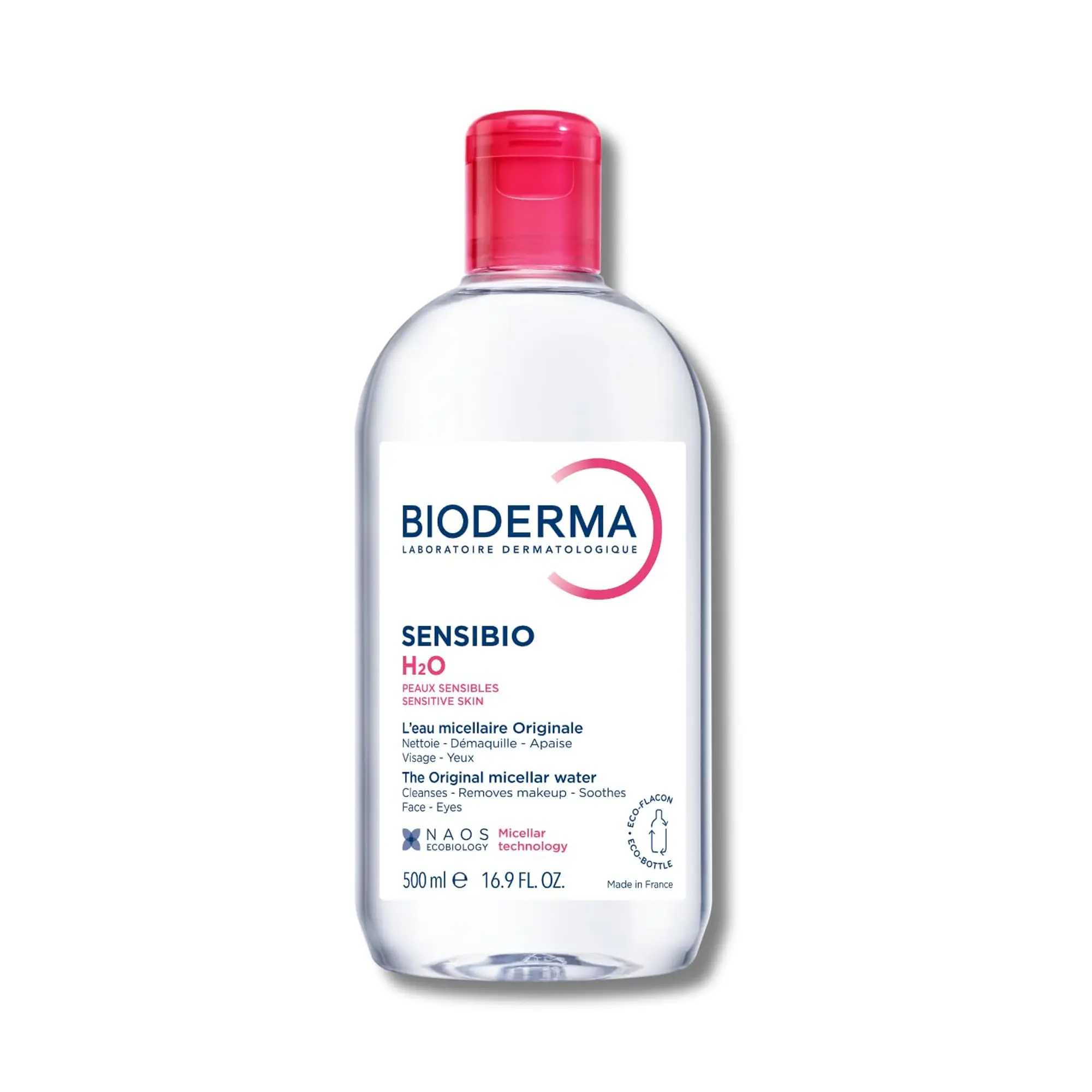 Bioderma Sensibio H2O Micellar Water - 16.9oz Gentle Cosmetic Makeup Remover Cleanser, Pad-Compatible for Sensitive Skin, Cucumber Extract, Alcohol-Free, Hypoallergenic, Non-Comedogenic, Makeup Cleansing, 16.9 Fl Oz