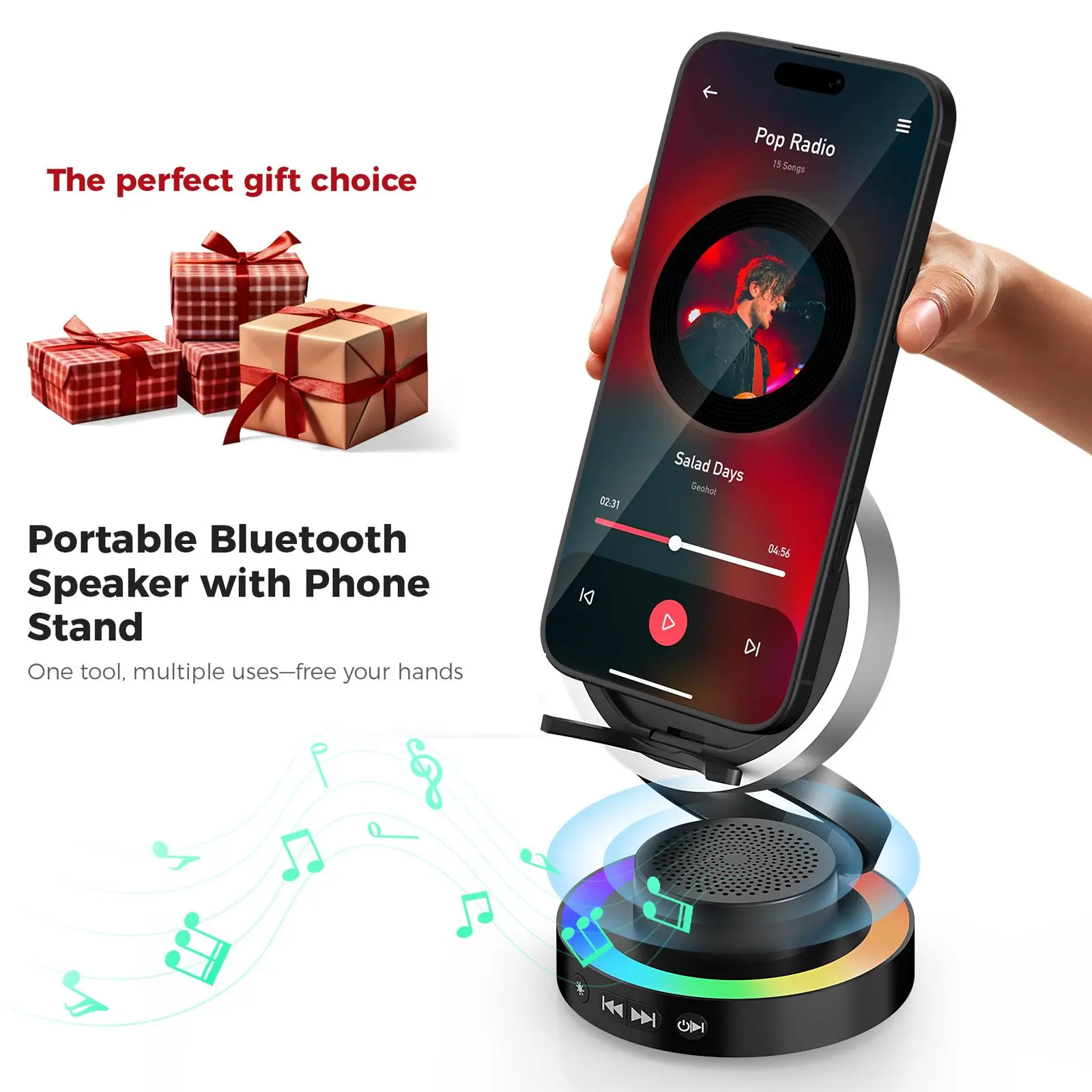 VANOTOM 5-in-1 Portable Bluetooth Speaker Phone Stand - Audio Device with BT 5.3, Power Bank, RGB Ambient Lighting, Foldable Adjustable Holder for All Smartphones, Perfect Gift | Summervibes, Speaker Bluetooth