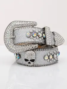 Luxurious Western Cowboy Party Belt Buckle, Rhinestone Design, Silver Color PU Alloy, Unisex Waistband for Daily Use & Nightlife, Rhinestone Decorated Belt, Rhinestone Buckles Belt