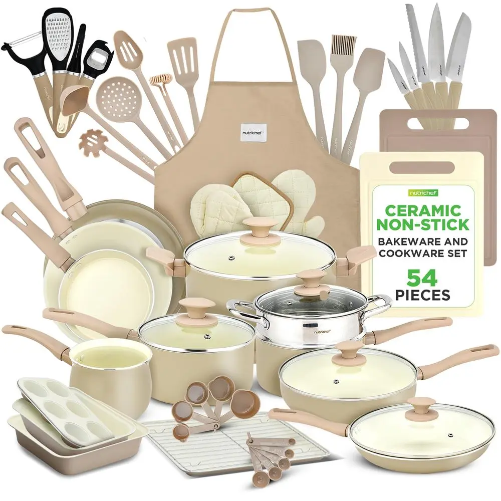 NutriChef 54-Piece Aluminum Nonstick Ceramic Kitchenware Set - Taupe Brown Sauce Pan, Soup Pot, Lids, Utensils, Knife, Gadgets, Cutting Board, Apron, Glove - Gas, Electric, Induction Safe