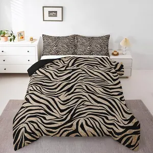 Black Brown Zebra Skin Comforter Set,Wild Animals Bedding Set,Adults Teens,Children Zebra Stripes Luxury Zoo Animal Fur Quilt Set