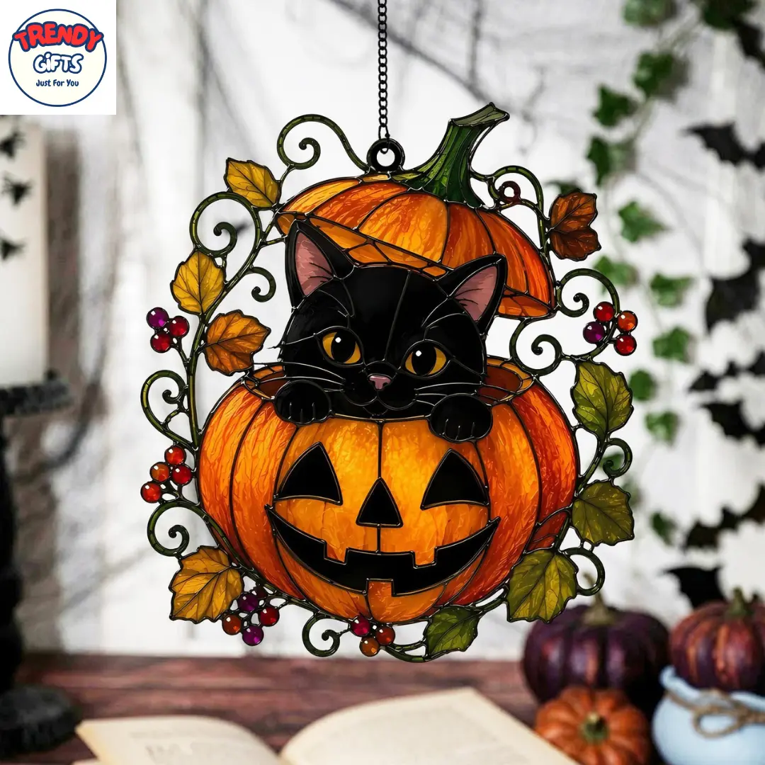 Halloween Black Cat Pumpkin Suncatcher, Acrylic Window Hanging, Cute Jack O Lantern Suncatcher, Autumn Fall Decor, Spooky Gift for Cat Lover Halloween Decor, Home Decor Ornaments Decoration - TrendyGiftUSA