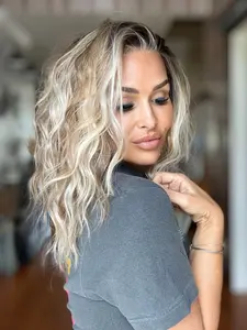 AISOM Chloe Mushroom Blonde Short Water Wave 12 Inches 13x4 Free Part Synthetic Lace Front Wig with Scandinavian Hairline Very Low Density and Light