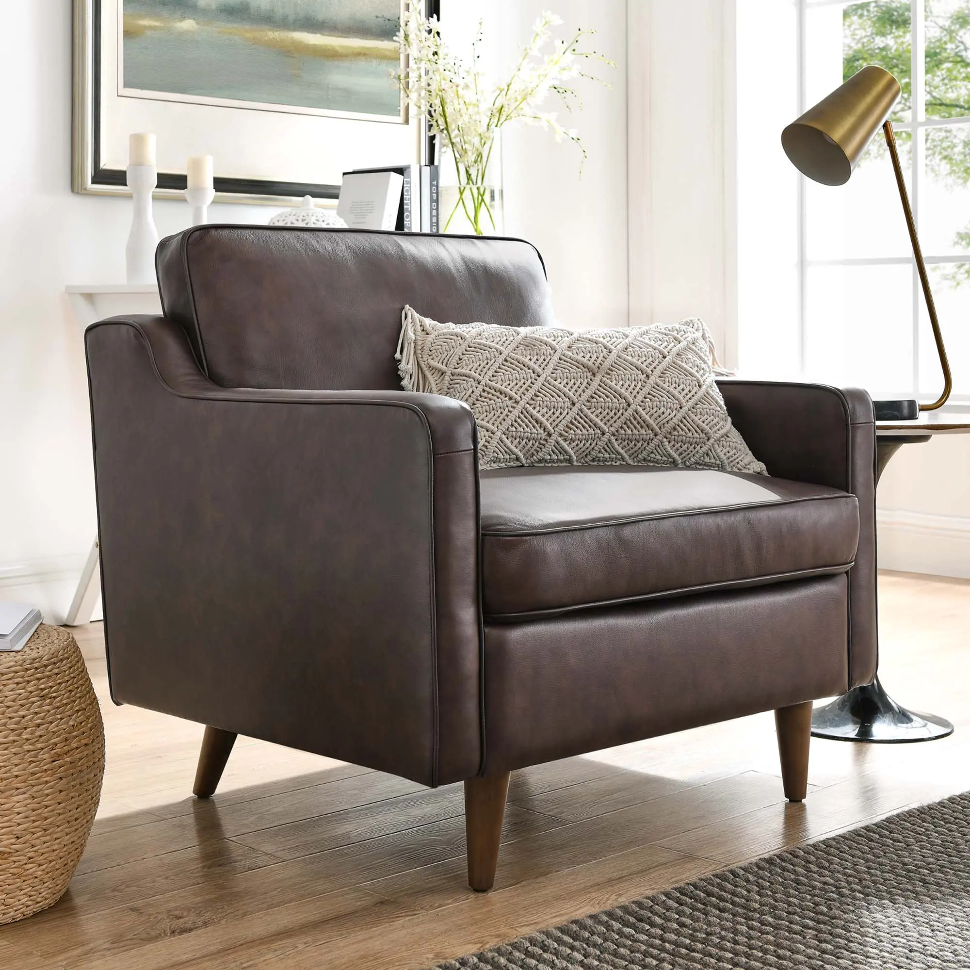 Modway Impart Genuine Leather Armchair - Modern Upholstered Mid-Century Chair, Brown Tones Living Room Indoor Furniture, Modern Upholstered Chair