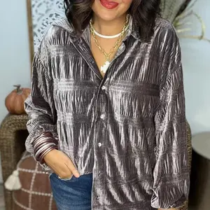 2024 New Autumn and Winter Women's Velvet Simple Loose Multi-Row Button Shirt Top Womenswear Pleated Blouse Collared