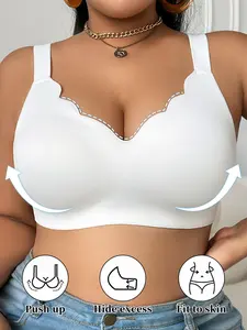 Plus Size Women's Seamless Wirefree Smooth Bralette, Push Up Soft Support, V-Neck, Wide Shoulder Strap, Unlined, Fit, Casual Style, All Seasons