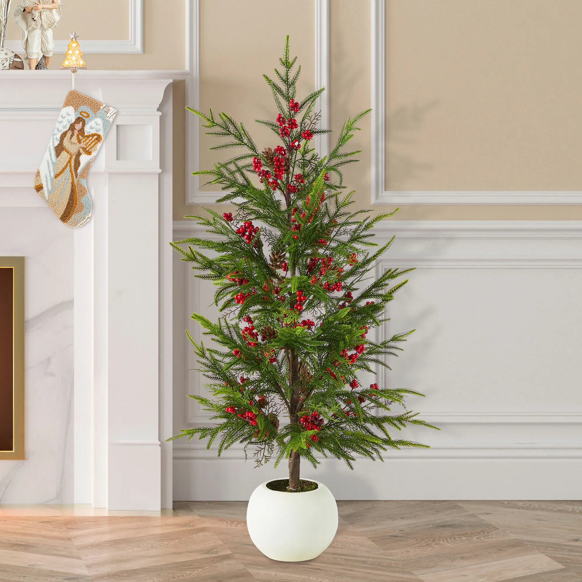 Glitzhome 37.5"H Modern Round Table Top Artificial Christmas Tree - Decorative PE Plastic Single Unit with Pinecones, Red Berries