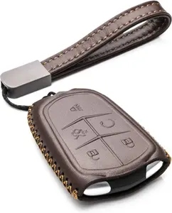 Genuine Leather Smart Key Fob Case Compatible for Cadillac XT4, Cadillac XT5, Cadillac XT6 2019 - 2025 (5-Button, Brown)
