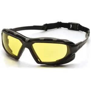 Pyramex Highlander Plus Safety Glasses - Black, Foam-Lined, Amber Color-Tinted Lens ANSI Z87-Rated Antifog Safety Gear, Z87 Safety Glasses