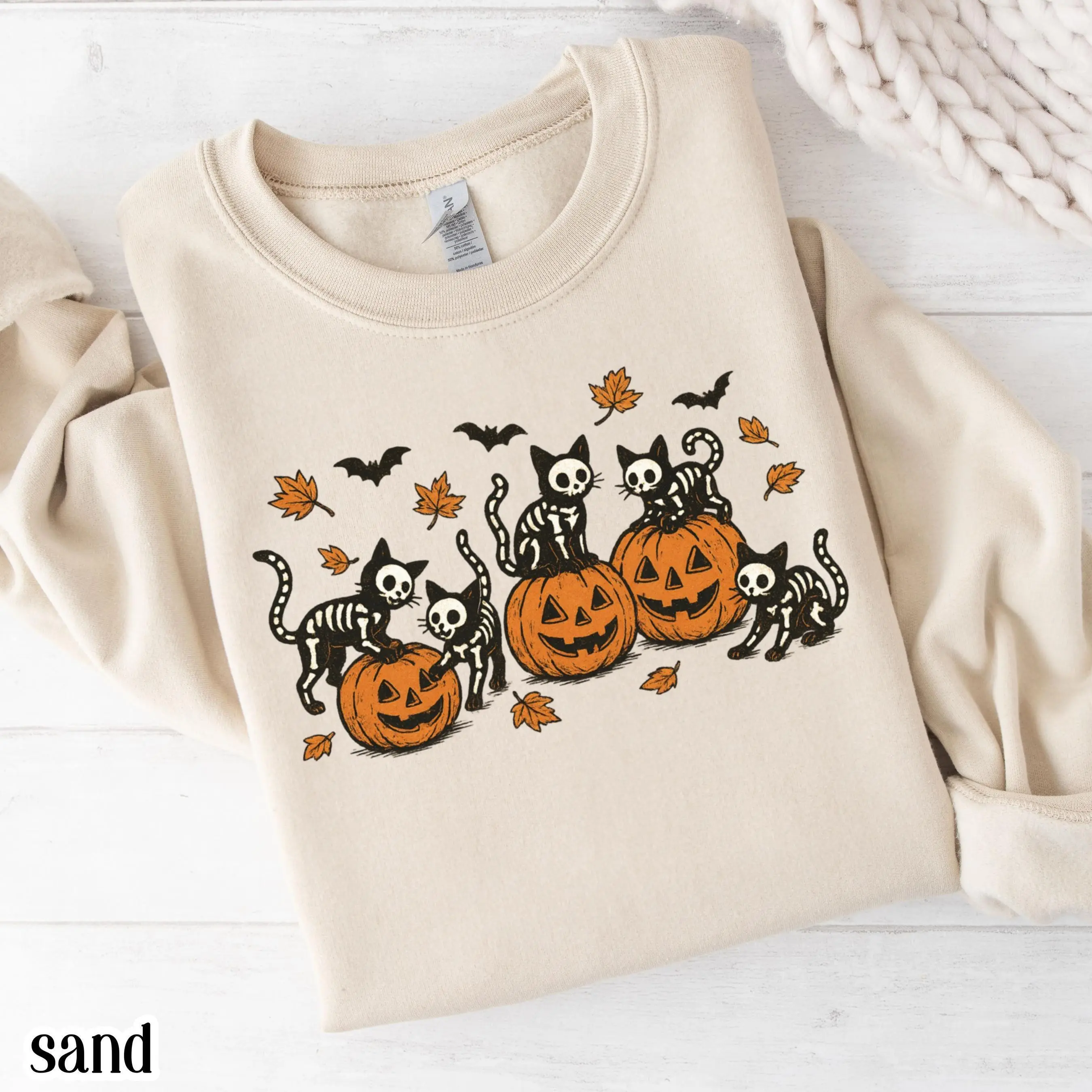 Skeleton Cat Halloween Sweatshirt, Pumpkin Graphic Sweatshirt, Spooky Black Cat Shirt, Unisex Retro Fall Outfit, Cute Horror Gift for Cat Lovers
