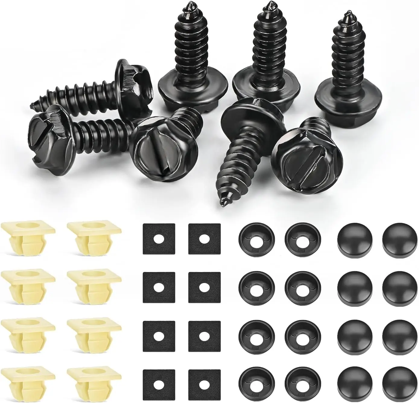 Nilight 8-Piece Universal Fit Automotive Accessories Vehicle Front License Plate Body Screw Kit - Black Zinc-Plated Stainless Steel Rust-Proof, Vibration Damp Foam Pads for Cars/SUVs Fastening, Bolts