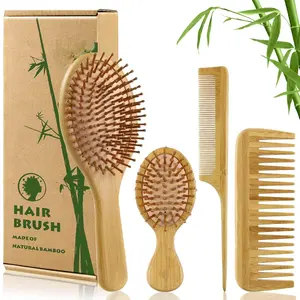 CHRISTMAS GIFT Natural Bamboo Hair Brush Set – Paddle Detangling Brush, Wide-Tooth & Tail Comb for Thick, Thin, Curly & Dry Hair – Perfect Gift for Women, Men & Kids