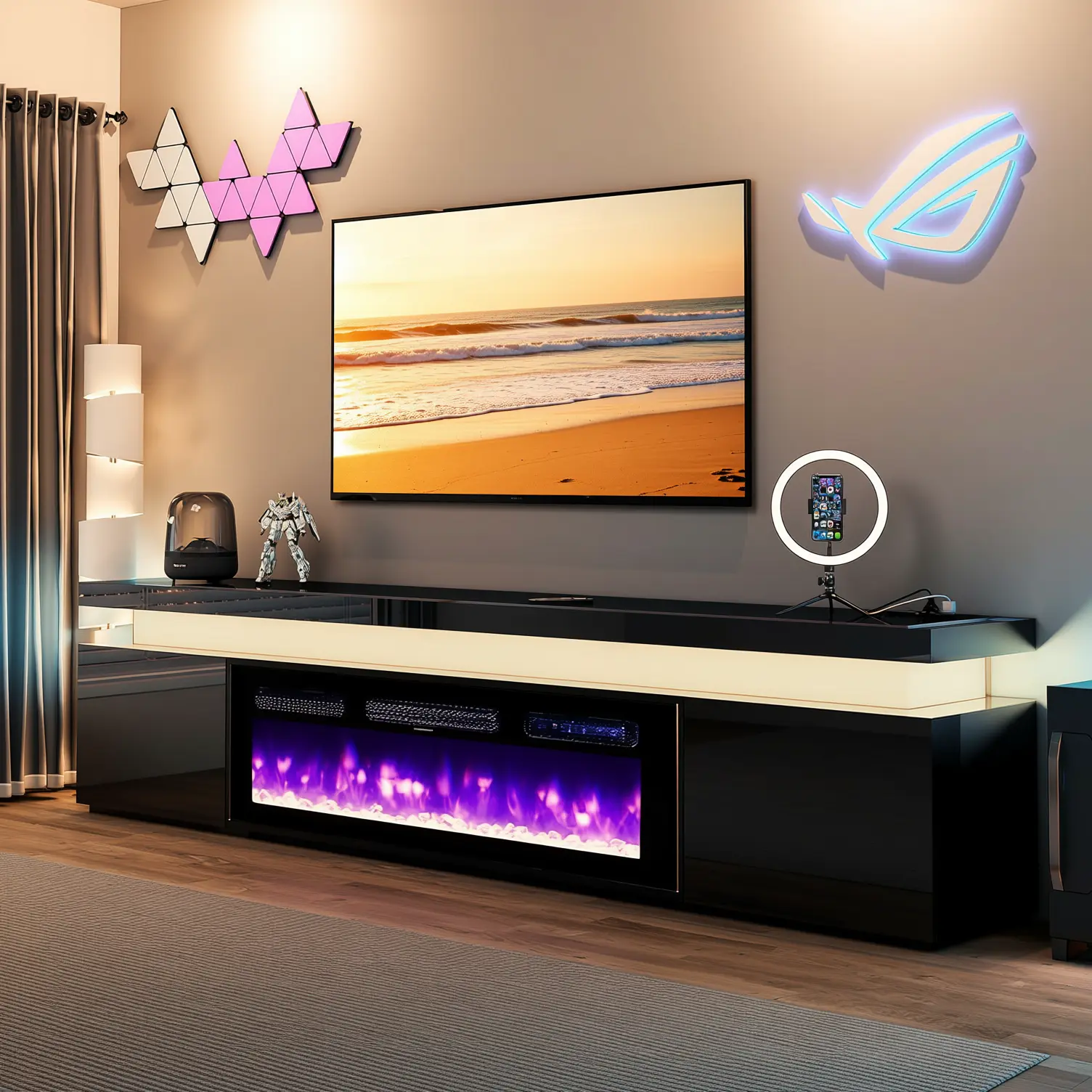 70" & 87" Modern TV Stand with Storage, Electric Fireplace RGB LED Media Console, Charging Feature TV Stands & Multimedia Centres for Living Room (Shipped in 2 Packages)