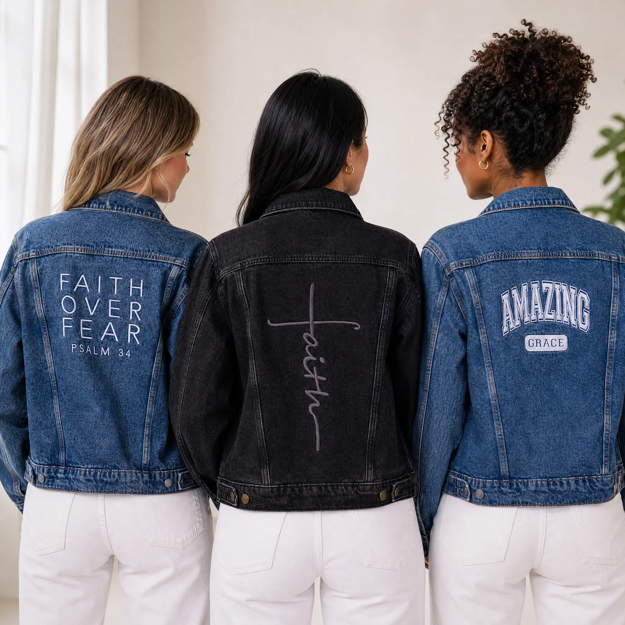 Love in Faith Women's Embroidered Vintage Wash Denim Jacket