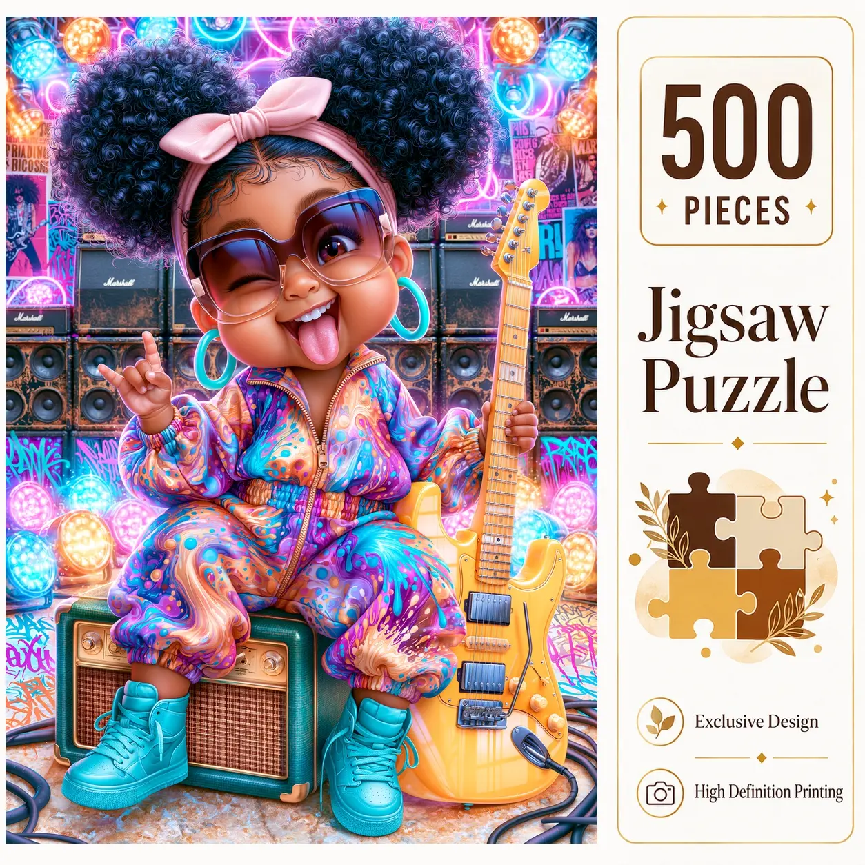 Rock Music Girl 500 Pieces Jigsaw Puzzle, Colorful Guitar Stage Art Puzzle for Adults, Family Game for Relaxation and Stress Relief, Brain Exercise Challenge, Wall Decor, Gift for Puzzle Lovers and Seniors, 15x20.5inch(38x52cm)