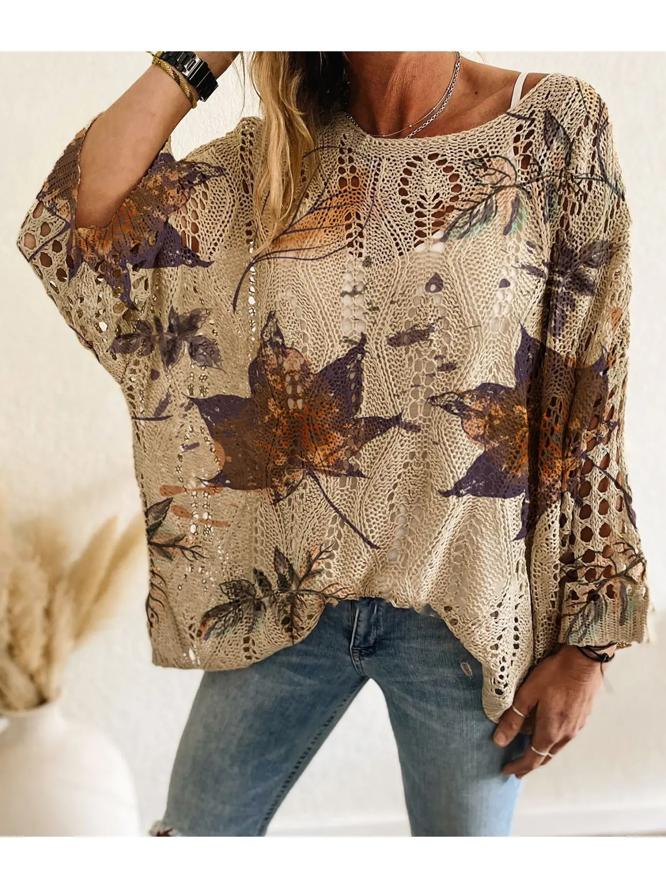 Spring & Summer off-shoulder diamond cutout batwing drop-shoulder loose Oversize knit top. Contrast leaf print, long sleeve, vacation & casual commute style. Cover-up for vests and bikinis.