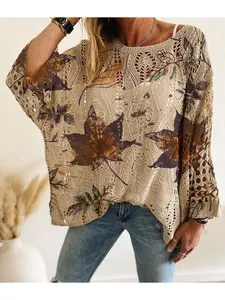 Spring & Summer off-shoulder diamond cutout batwing drop-shoulder loose Oversize knit top. Contrast leaf print, long sleeve, vacation & casual commute style. Cover-up for vests and bikinis.