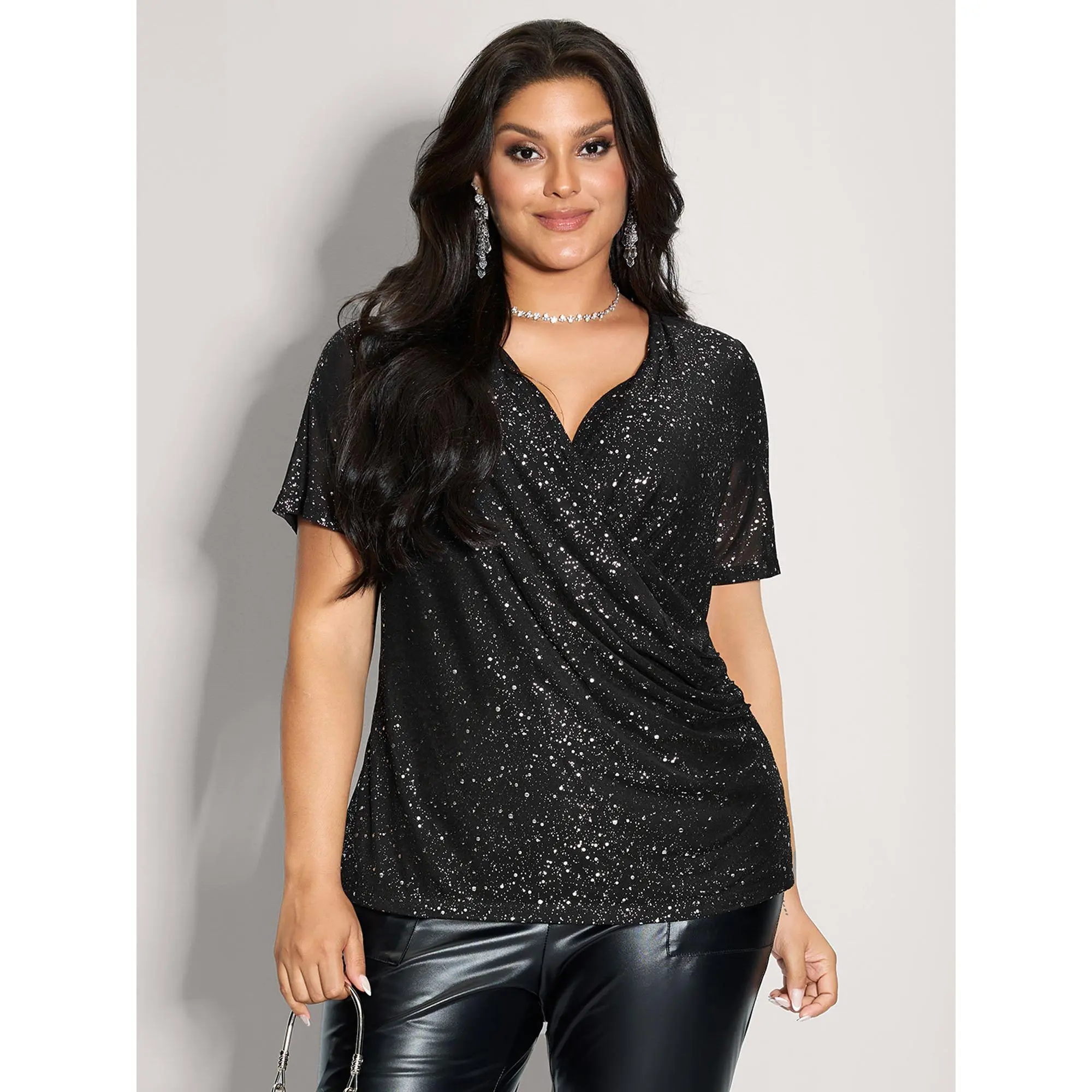 BLOOMCHIC Plus Size Sequin Shimmery Wrap Neck Sheer Sleeve Spandex Fabric Solid T-Shirt [M-6X], 2026 Summer Vibes, Cocktail Wear Deal, Top Party Blouse,Summerfinds,summeroutfits,vacationoutfits,beachoutfits Fit Womenswear