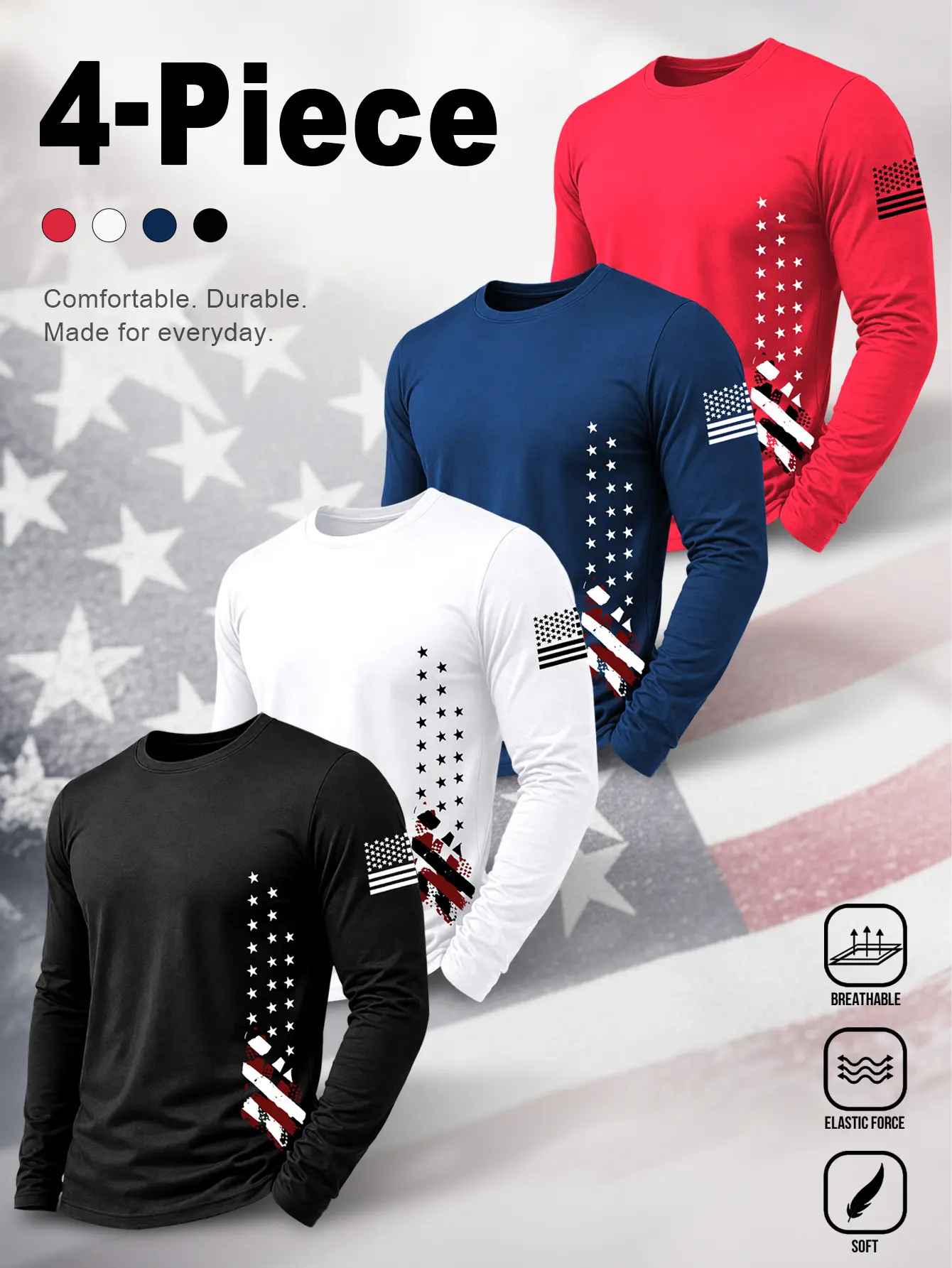 4-Pack Men’s Long Sleeve Shirts with American Flag, distressed USA patriotic star stripes print crew neck tees, soft breathable casual elastic long sleeve tops for everyday outdoor wear
