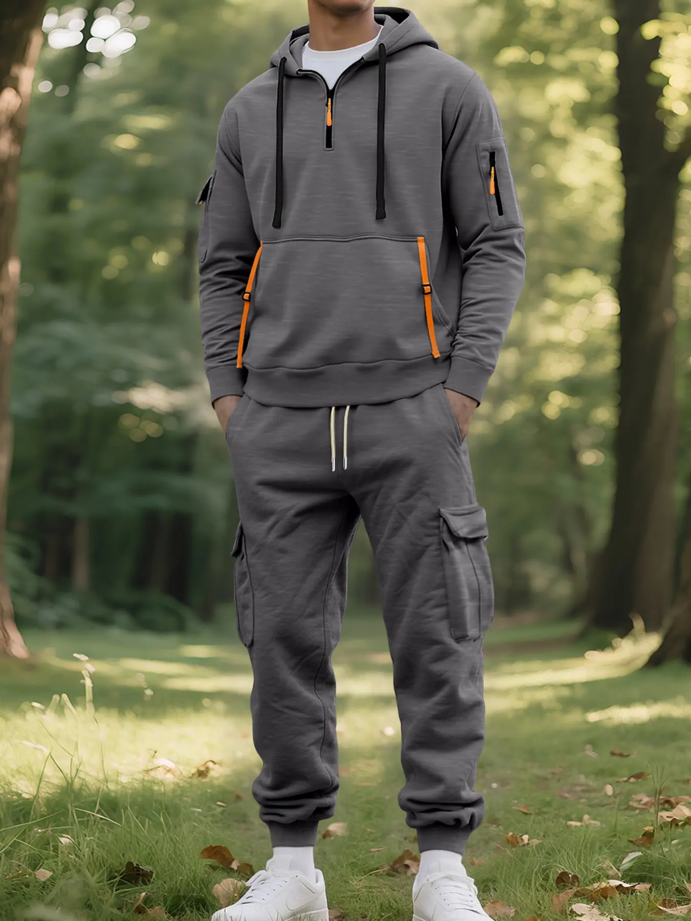 Men's Fall & Winter Hooded Casual Tracksuit Set: featuring a zip-front hooded design, cargo pants with multiple pockets, and warm long-sleeve jacket paired with pants. Ideal for cold weather wear.