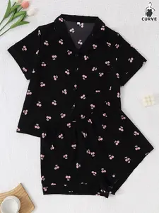 Women's Plus Size Bubble Pleated Sleepwear Set, Cherry Print Short Sleeve Open Front Top and Shorts, Wearable Loungewear, Pajama Set