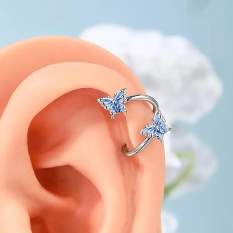 OUFER 316L Stainless Steel 16G Unisex Helix Cartilage Piercing Jewelry - Dainty Blue Butterfly S-Shape External Thread Barbell for Conch Earring & Lip Ring, Surgical Steel Piercing Jewelry, Hand-Checked, Durable Keeps Its Shape Longer, Helix Pierced Ring,
