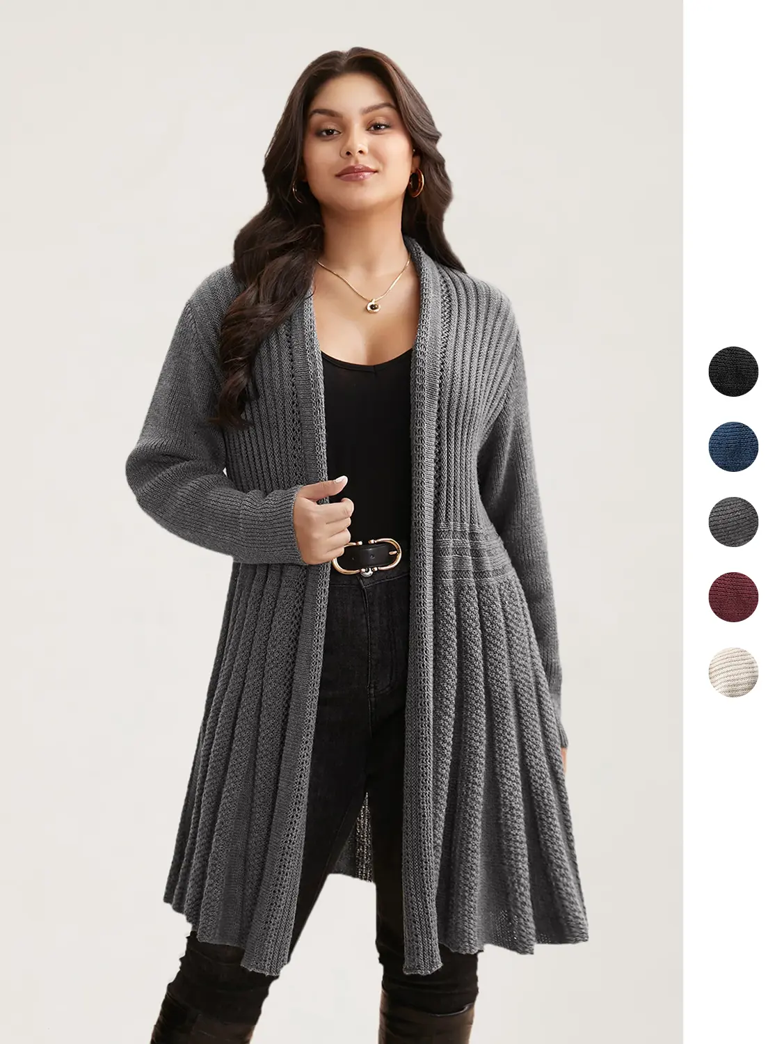 BloomChic Women's Plus Size Cardigan Gray/Black Plain Textured Kimono Collar Long Sleeve Loose Knit -  oft Casual Knitwear Top with Minimalist OL Cut-Out Design, Winter Everyday Style Piece for Women's Clothes Swimweek summerwins,Basic Womenswear