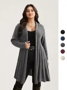 BLOOMCHIC Gray Plain Textured Kimono Collar Long Sleeve Fitted Cardigan Winter Casual Minimalist OL Cut-Out Basic Knitwear Tunic Black Womenswear 2026 Spring Break Gift For Easter's Day Mother's Day