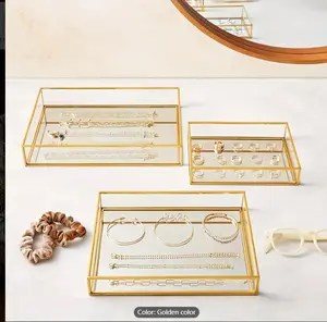 3pcs/set Golden Mirror Vanity Tray For Perfume, Makeup Display, Decorative Rectangle Glass Jewelry Organizer For Bathroom, Dresser,Christmas Decor,home Decor,party Decor,thanksgiving Gift