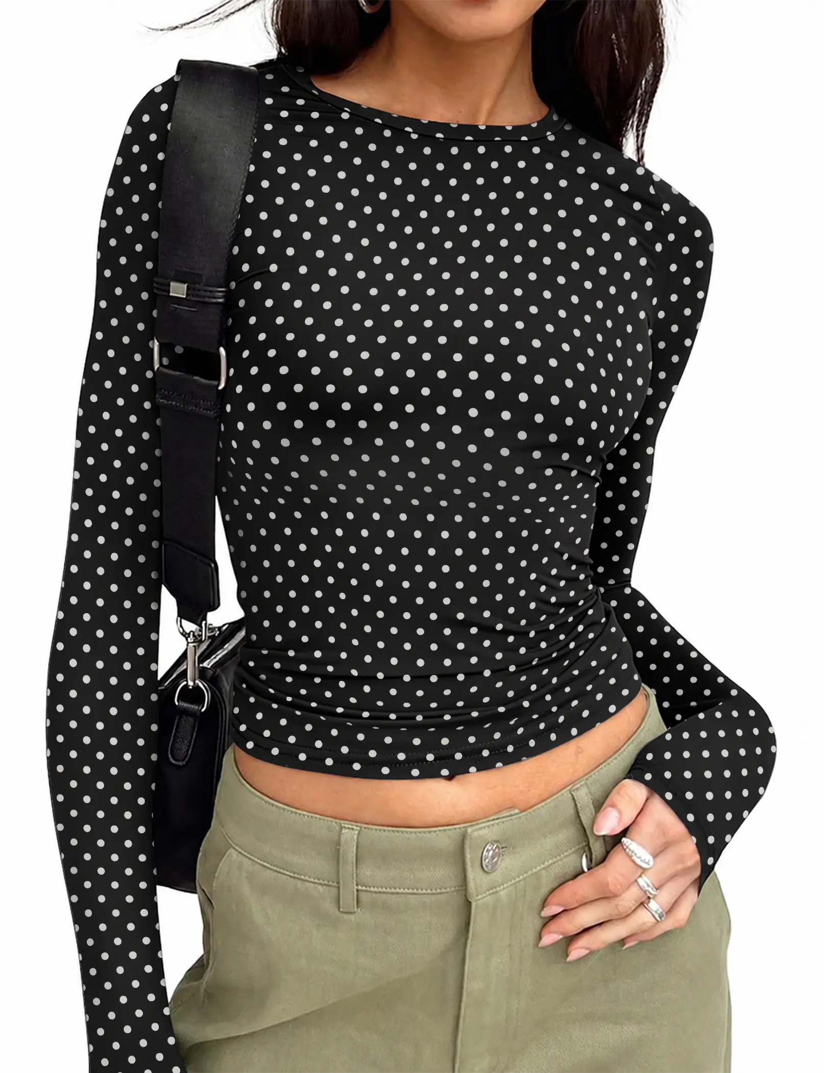 COCCKO Women's Polka Dot Print Polyester T-Shirt - Skinny Slim Fit, Long Sleeve Crew Neck, Elastic High Stretch Fabric, Lightweight, Casual Y2K Cute Underscrub Going Out Top